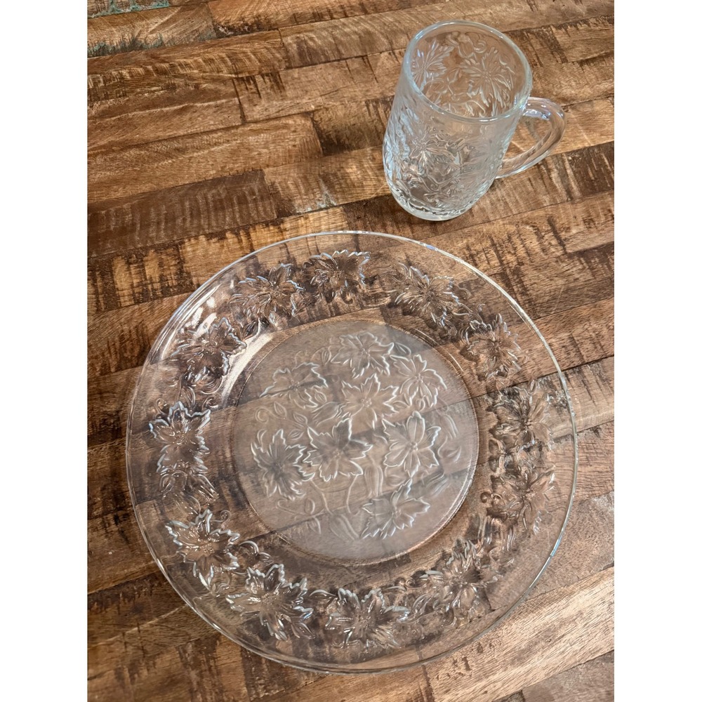 Princess House Fantasia Glass Plate and Mug Floral Embossed Textured Vintage